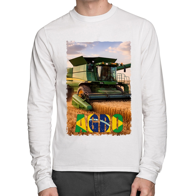 Camiseta Algodão Colheitadeira Agro Brasil Rural Manga Longa - Branca