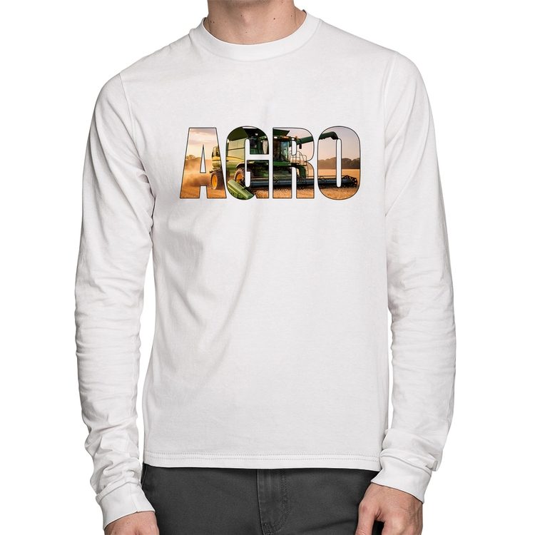 Camiseta Algodão Agro Colheitadeira Rural Manga Longa - Branca