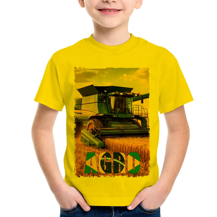 Camiseta Infantil Colheitadeira Agro Brasil Rural - Amarela