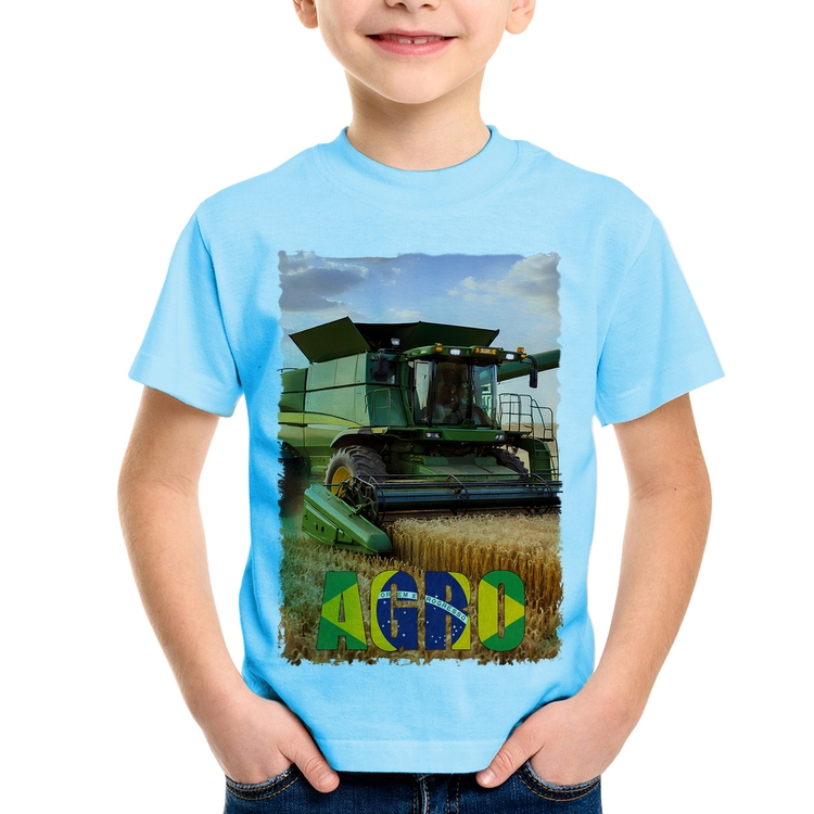 Camiseta Infantil Colheitadeira Agro Brasil Rural - Azul Bebê