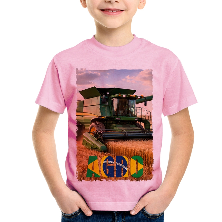 Camiseta Infantil Colheitadeira Agro Brasil Rural - Rosa Bebê