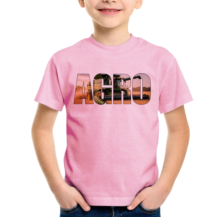 Camiseta Infantil Agro Colheitadeira Rural - Rosa Bebê