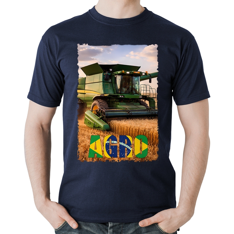 Camiseta Algodão Colheitadeira Agro Brasil Rural - Marinho