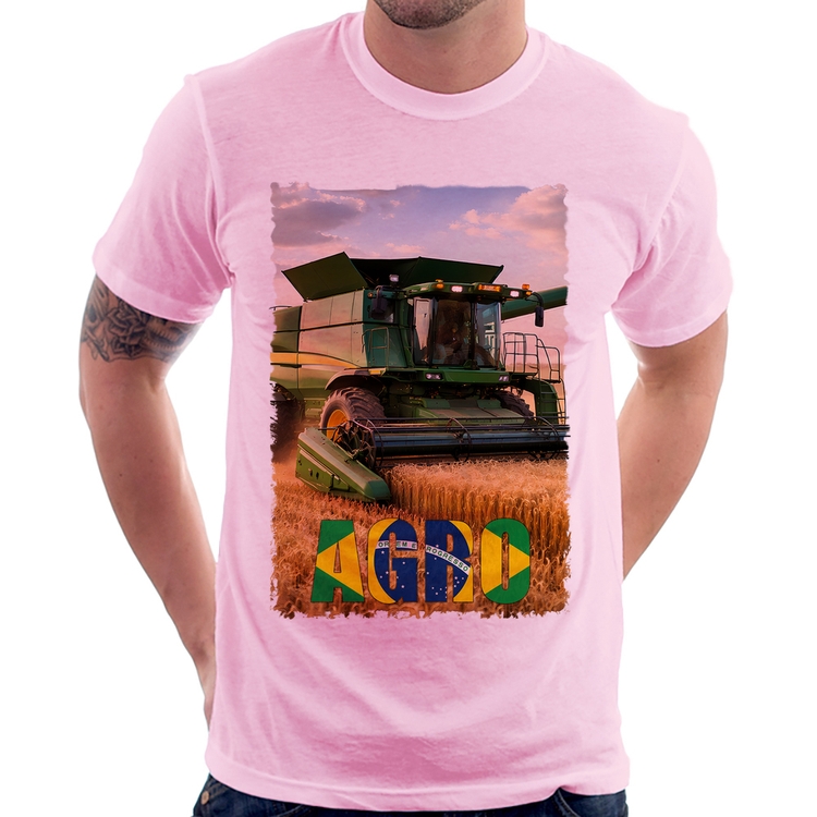 Camiseta Colheitadeira Agro Brasil Rural - Rosa Bebê