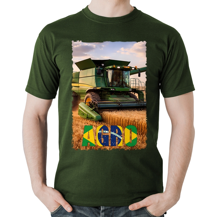 Camiseta Algodão Colheitadeira Agro Brasil Rural - Musgo