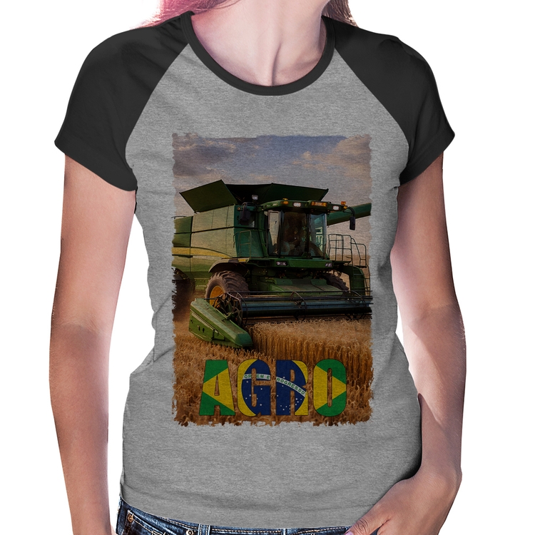 Baby Look Raglan Colheitadeira Agro Brasil Rural - Cinza/Preto