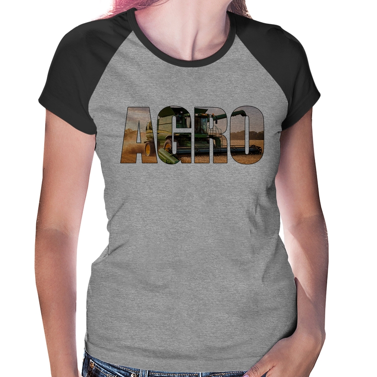 Baby Look Raglan Agro Colheitadeira Rural - Cinza/Preto