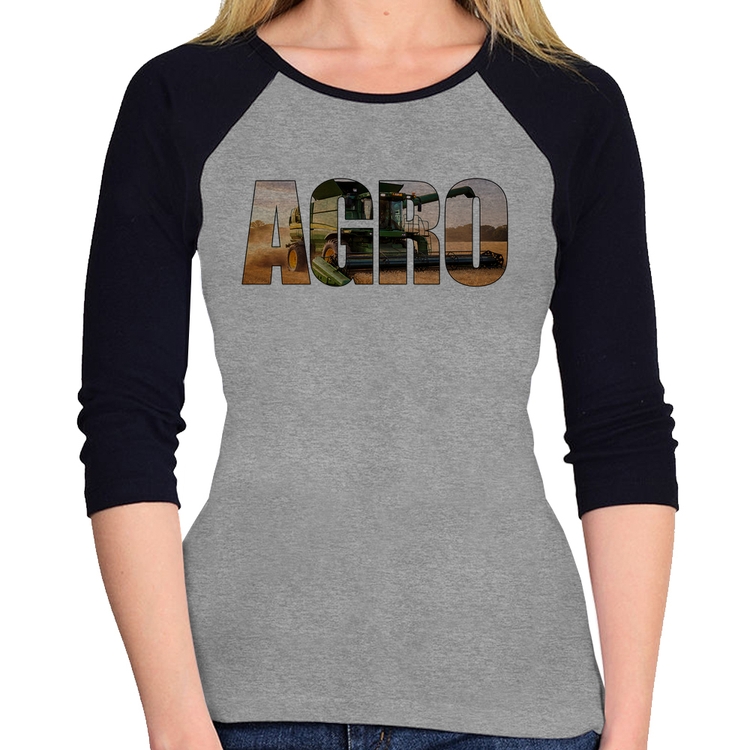 Baby Look Raglan Agro Colheitadeira Rural Manga 3/4 - Cinza/Preto
