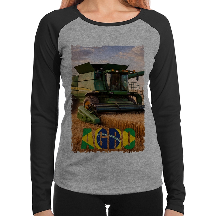 Baby Look Raglan Colheitadeira Agro Brasil Rural Manga Longa - Cinza/Preto