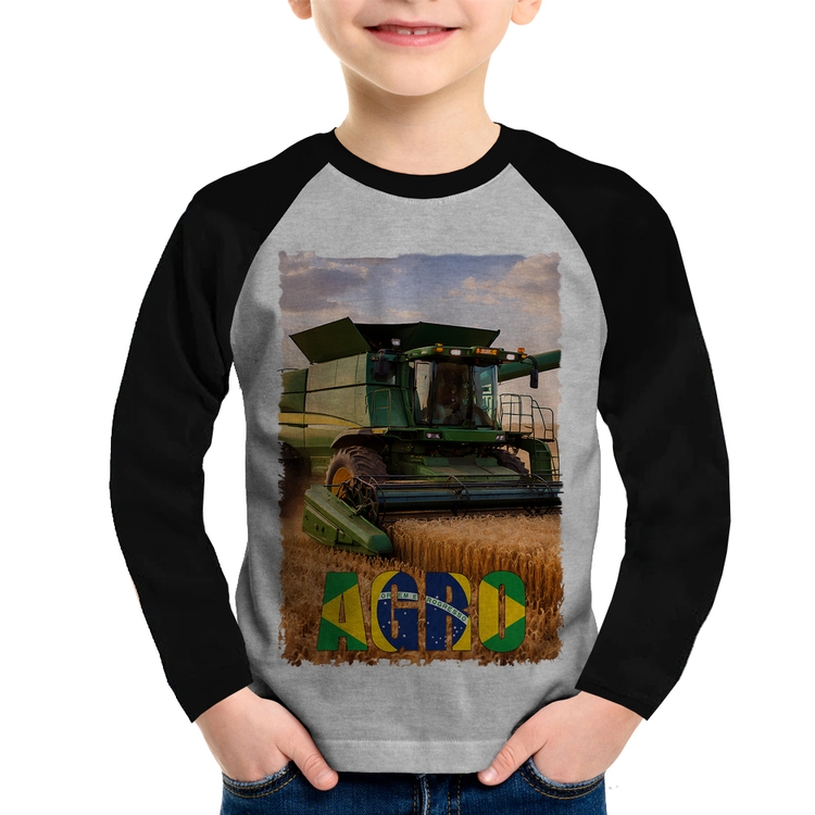Camiseta Raglan Infantil Colheitadeira Agro Brasil Rural Manga Longa - Cinza/Preto