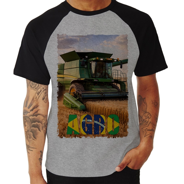 Camiseta Raglan Colheitadeira Agro Brasil Rural - Cinza/Preto
