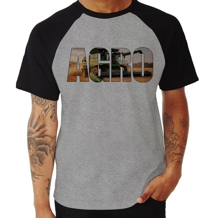 Camiseta Raglan Agro Colheitadeira Rural - Cinza/Preto
