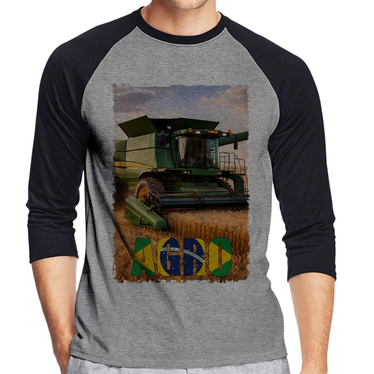 Camiseta Raglan Colheitadeira Agro Brasil Rural Manga 3/4 - Cinza/Preto
