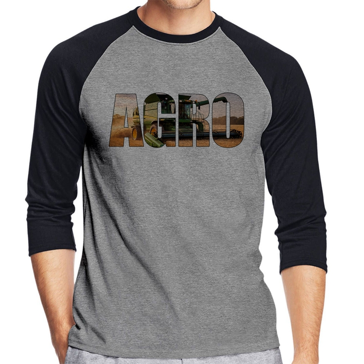 Camiseta Raglan Agro Colheitadeira Rural Manga 3/4 - Cinza/Preto