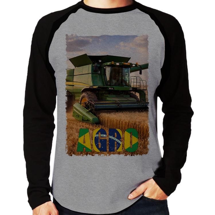 Camiseta Raglan Colheitadeira Agro Brasil Rural Manga Longa - Cinza/Preto