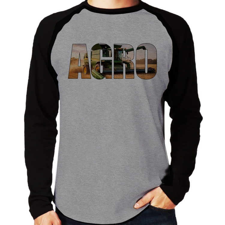 Camiseta Raglan Agro Colheitadeira Rural Manga Longa - Cinza/Preto