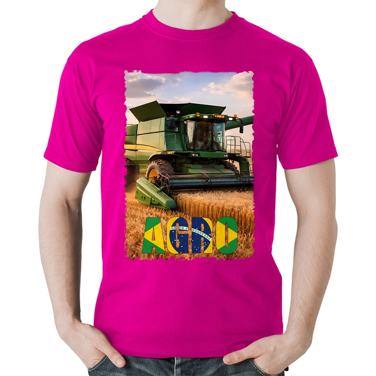 Camiseta Algodão Colheitadeira Agro Brasil Rural - Rosa
