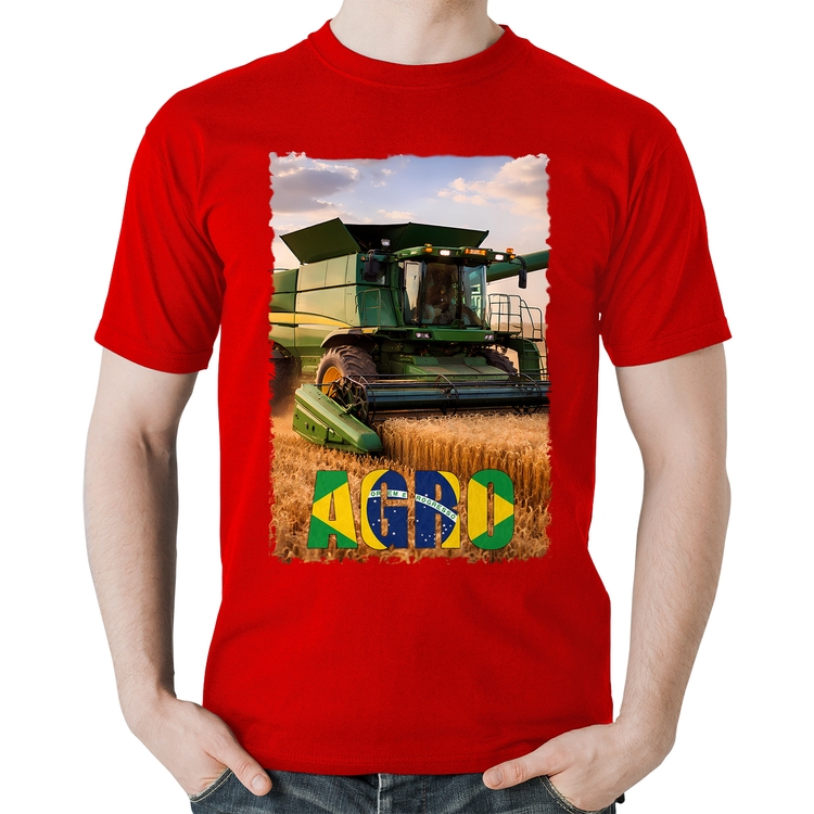 Camiseta Algodão Colheitadeira Agro Brasil Rural - Vermelha