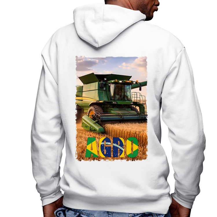 Blusa Moletom Colheitadeira Agro Brasil Rural Masculina com Capuz e Zíper - Branca