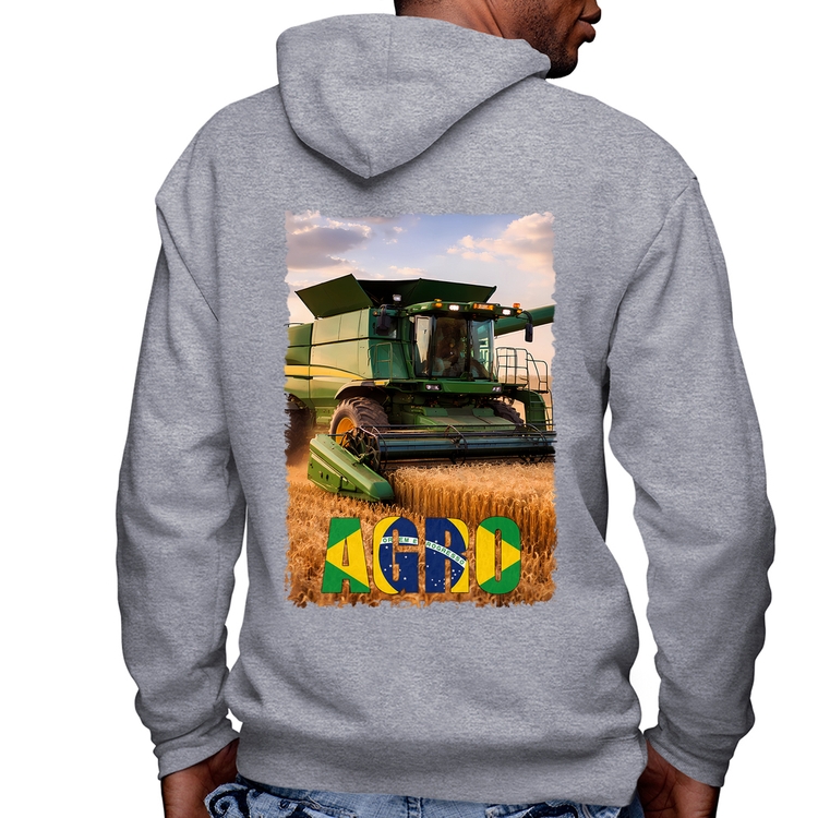 Blusa Moletom Colheitadeira Agro Brasil Rural Masculina com Capuz e Zíper - Mescla