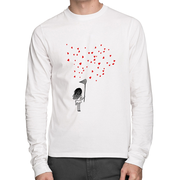 Camiseta Algodão Collect Hearts Manga Longa - Branca