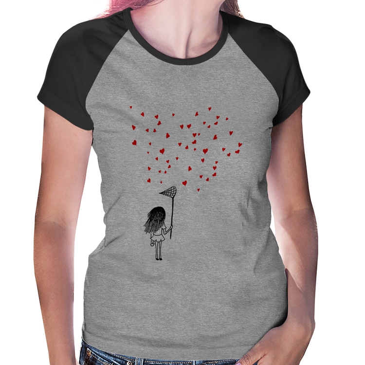 Baby Look Raglan Collect Hearts - Cinza/Preto