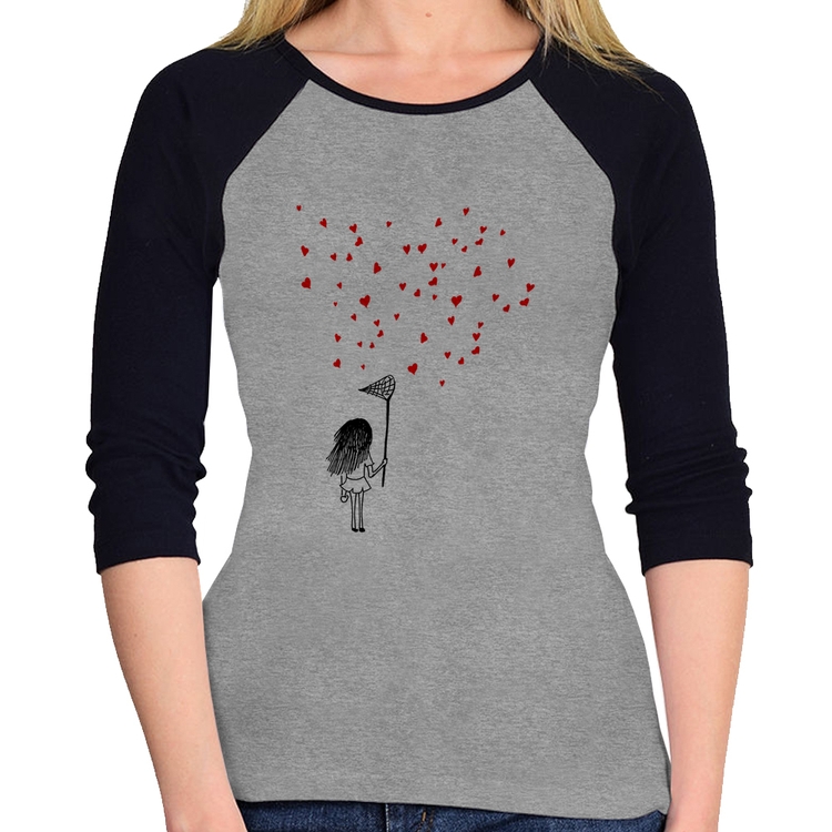 Baby Look Raglan Collect Hearts Manga 3/4 - Cinza/Preto