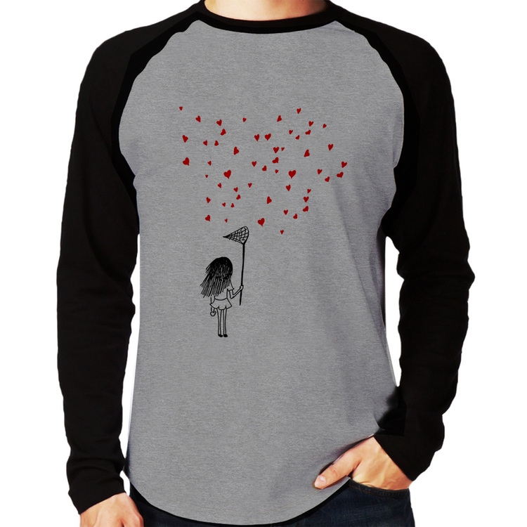 Camiseta Raglan Collect Hearts Manga Longa - Cinza/Preto