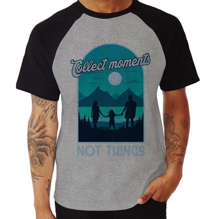 Camiseta Raglan Collect Moments Not Things - Cinza/Preto