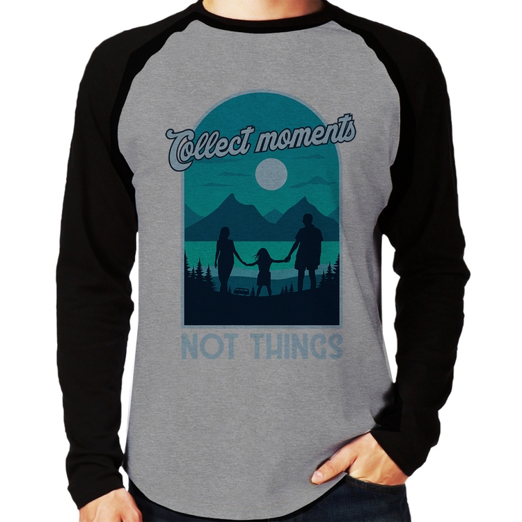 Camiseta Raglan Collect Moments Not Things Manga Longa - Cinza/Preto
