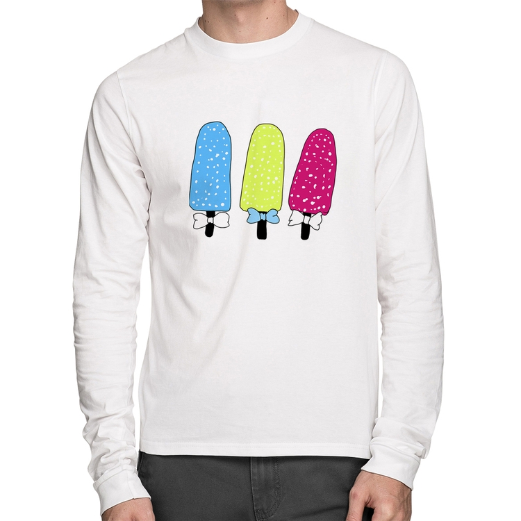 Camiseta Algodão Colorfull Icecreams Manga Longa - Branca