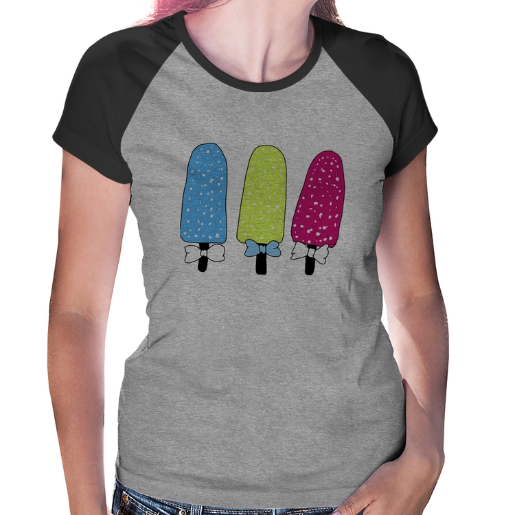 Baby Look Raglan Colorfull Icecreams - Cinza/Preto