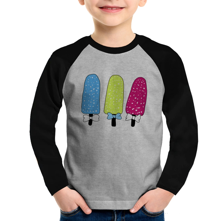 Camiseta Raglan Infantil Colorfull Icecreams Manga Longa - Cinza/Preto