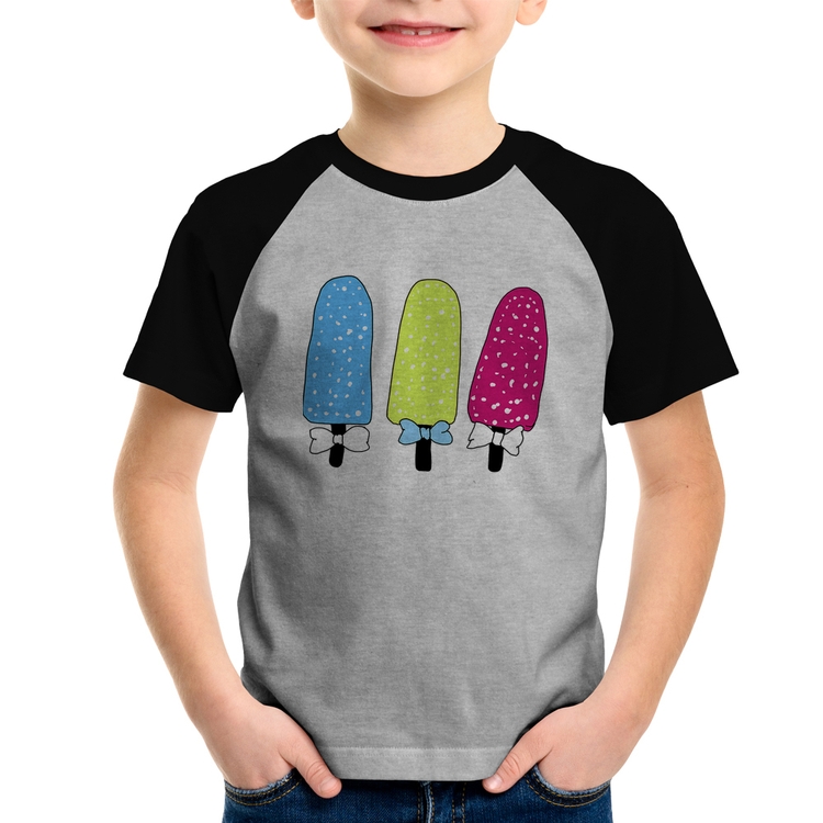 Camiseta Raglan Infantil Colorfull Icecreams - Cinza/Preto