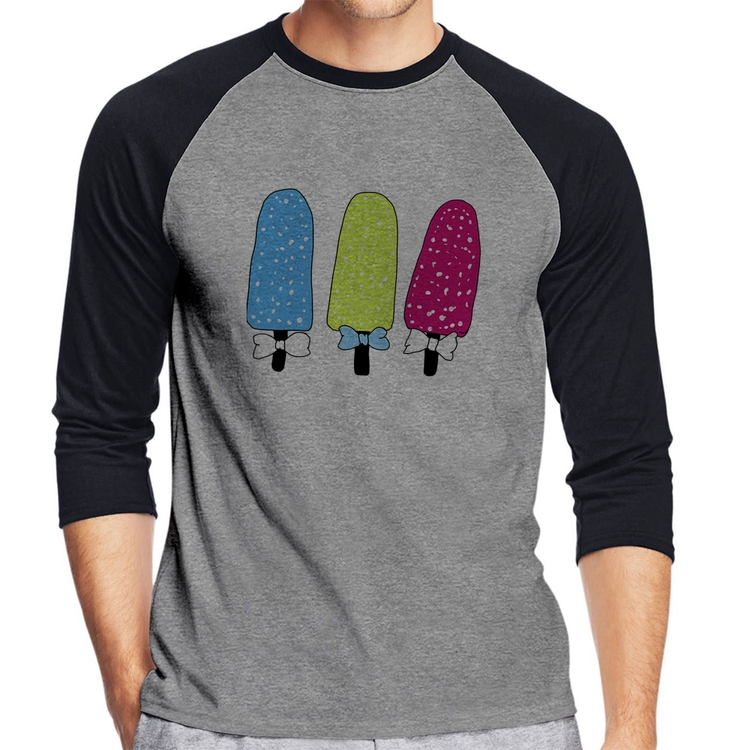 Camiseta Raglan Colorfull Icecreams Manga 3/4 - Cinza/Preto