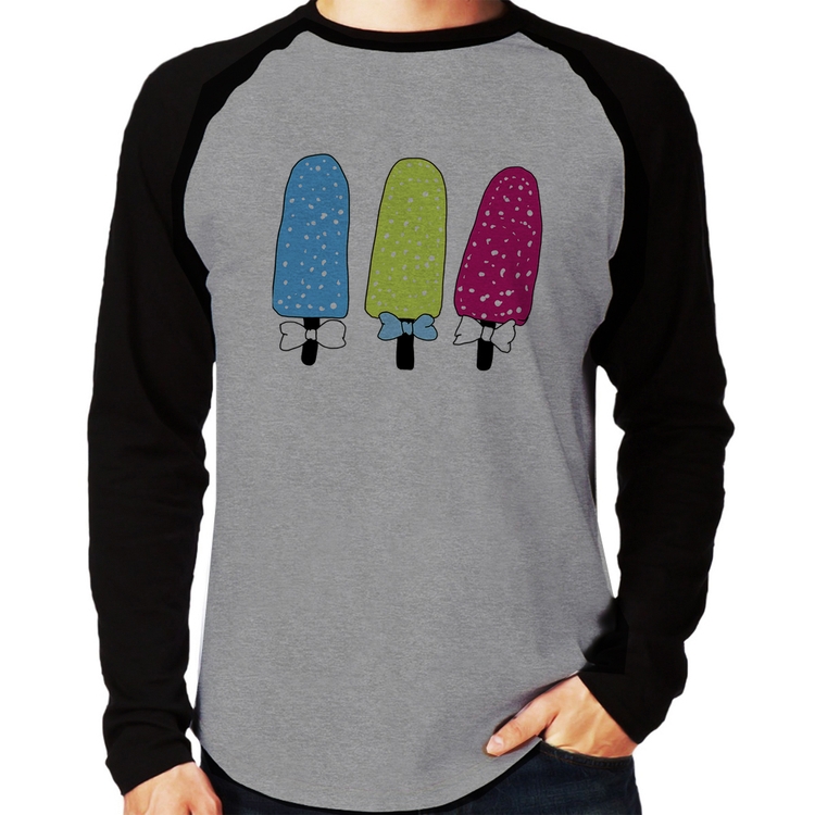 Camiseta Raglan Colorfull Icecreams Manga Longa - Cinza/Preto