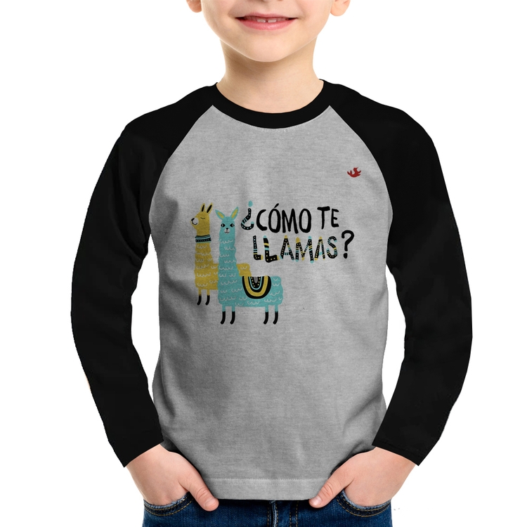 Camiseta Raglan Infantil ¿Como te llamas? Manga Longa - Cinza/Preto