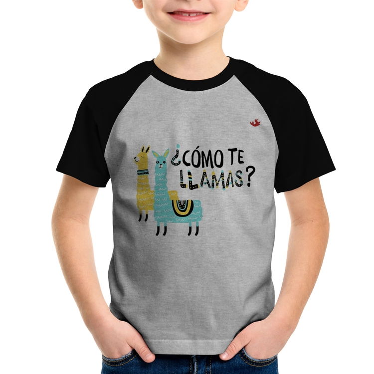 Camiseta Raglan Infantil ¿Como te llamas? - Cinza/Preto