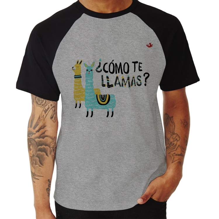 Camiseta Raglan ¿Como te llamas? - Cinza/Preto