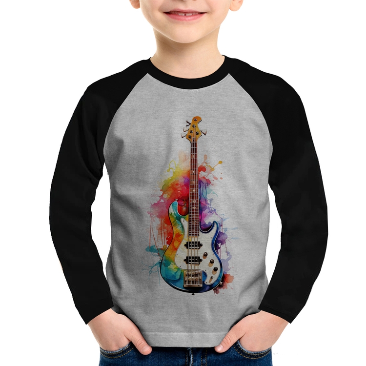 Camiseta Raglan Infantil Contra Baixo Watercolor Manga Longa - Cinza/Preto