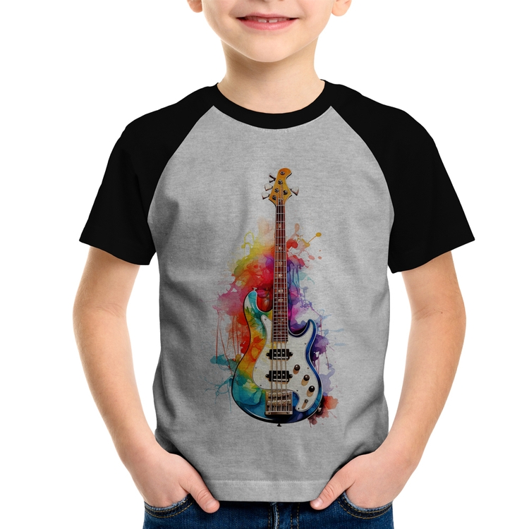 Camiseta Raglan Infantil Contra Baixo Watercolor - Cinza/Preto