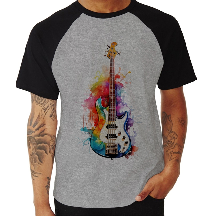 Camiseta Raglan Contra Baixo Watercolor - Cinza/Preto