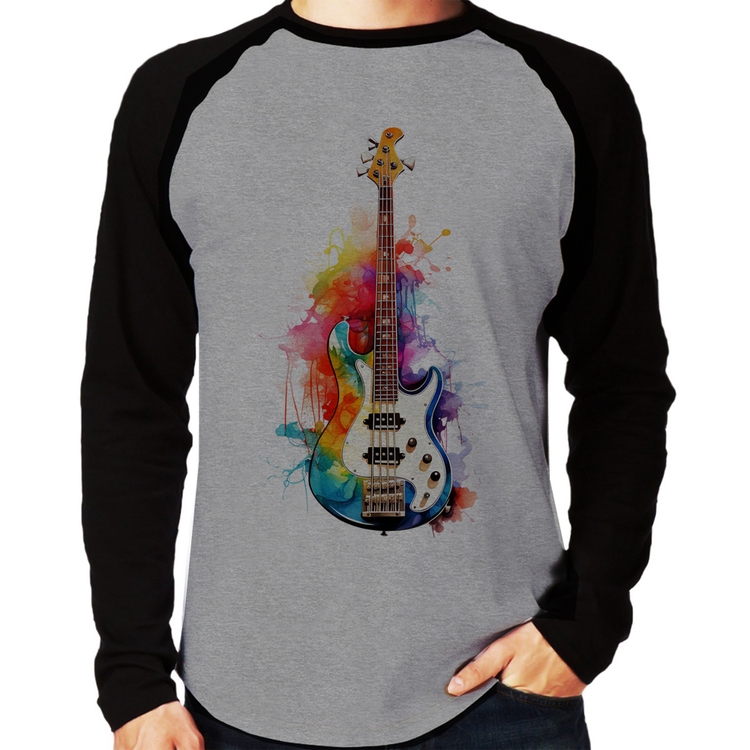 Camiseta Raglan Contra Baixo Watercolor Manga Longa - Cinza/Preto