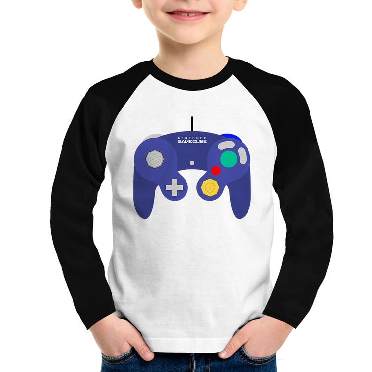 Camiseta Raglan Infantil Controle Retrô Vídeo Game Gamepad Manga Longa