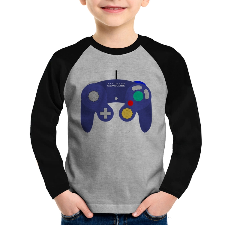 Camiseta Raglan Infantil Controle Retrô Vídeo Game Gamepad Manga Longa - Cinza/Preto