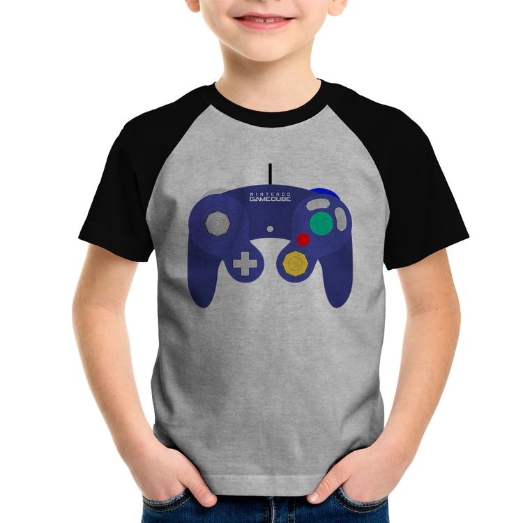 Camiseta Raglan Infantil Controle Retrô Vídeo Game Gamepad - Cinza/Preto