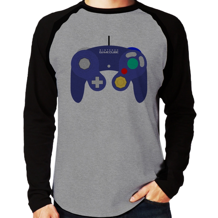 Camiseta Raglan Controle Retrô Vídeo Game Gamepad Manga Longa - Cinza/Preto