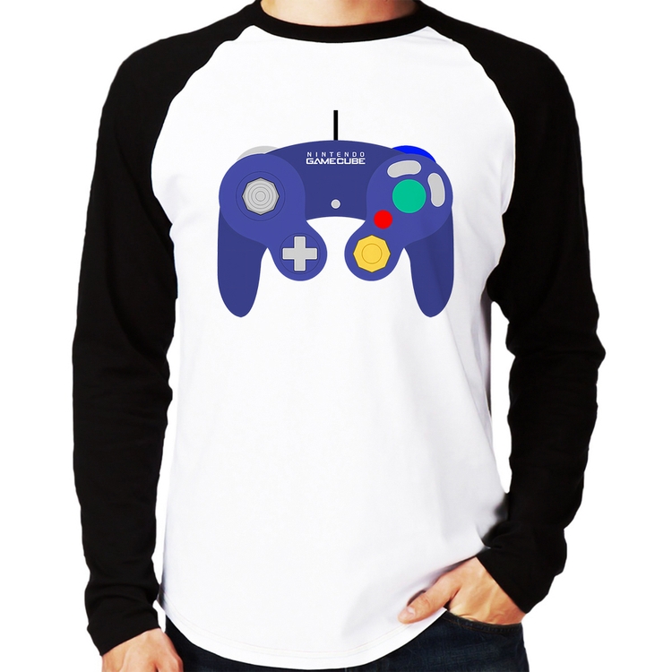 Camiseta Raglan Controle Retrô Vídeo Game Gamepad Manga Longa