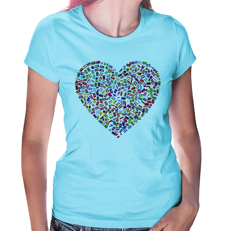 Baby Look Coração Bandeiras - Azul Bebê