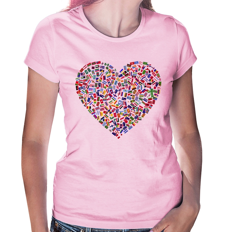 Baby Look Coração Bandeiras - Rosa Bebê